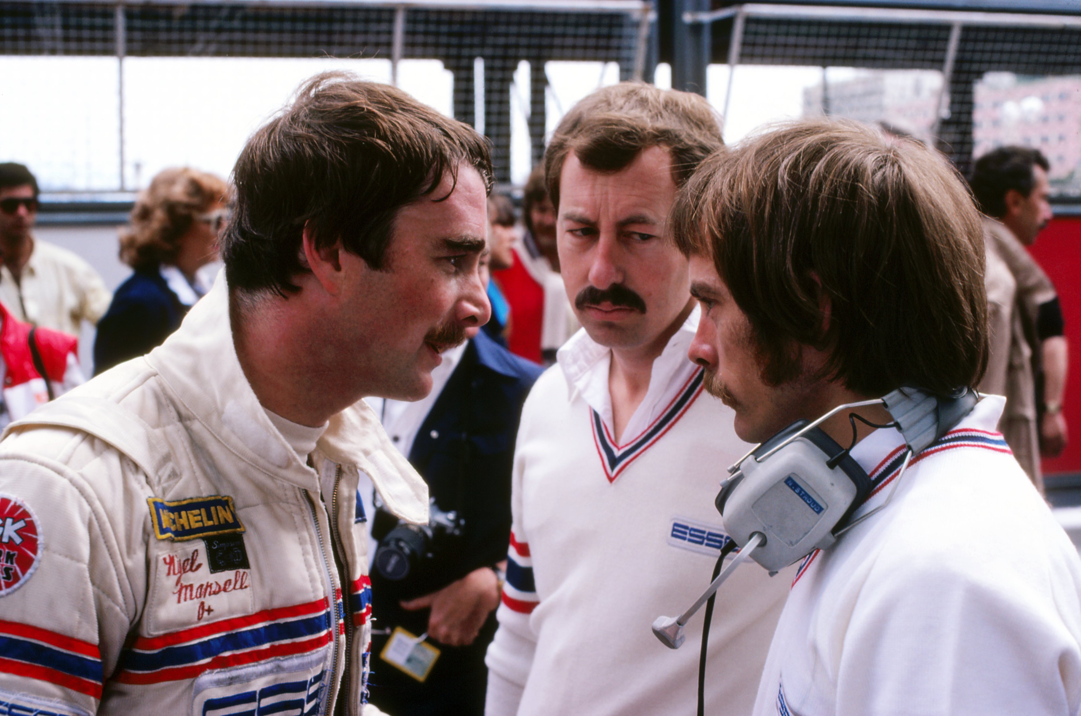 (L to R): Nigel Mansell (GBR) Lotus; Peter Collins (AUS) Lotus Team Manager and Nigel Stroud (GBR) Lotus Engineer. Monaco Grand Prix, Rd6, Monte-Carlo, Monaco, 31 May 1981. BEST IMAGE